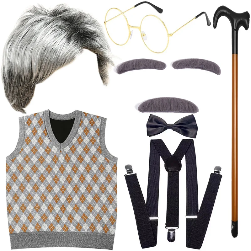 Old Man Costume for Kids 100 Days of School KIds Boys Grandpa Sweater Vest for Kids carnival Sets Beard and mustache Hat Glasses