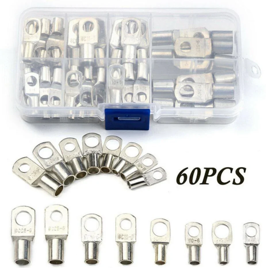 60Pcs Cable Lugs Copper Ring Crimp Terminal Plier Car Battery Wire Connectors Mixed Size Bolt Hole Tinned Cable Lugs