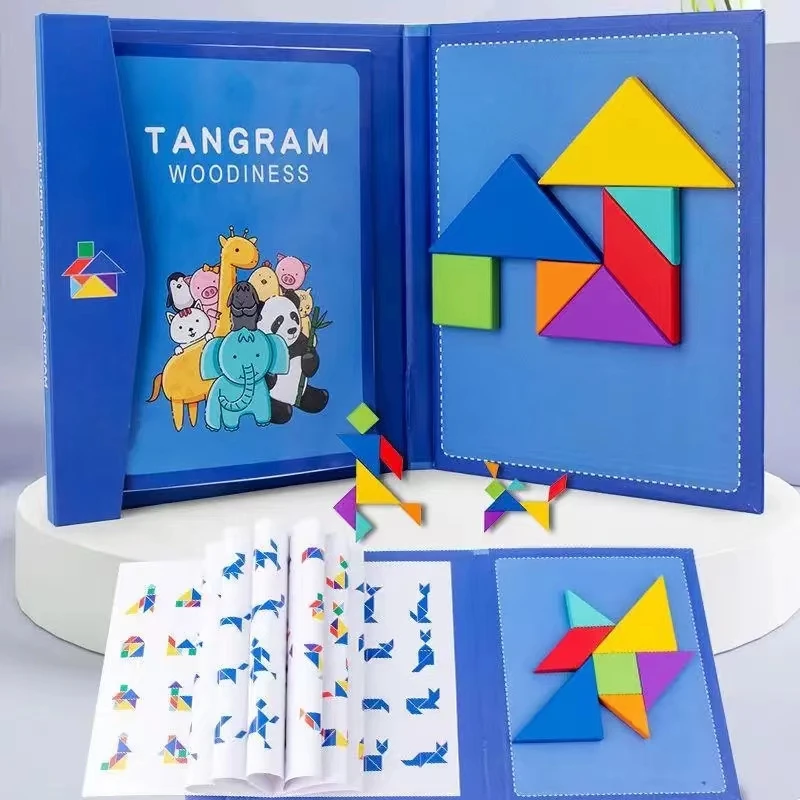 1Set Wooden Magnetic Tangram Puzzle Book Educational Toys For Children Baby Kid Portable Montessori Learning Intelligence