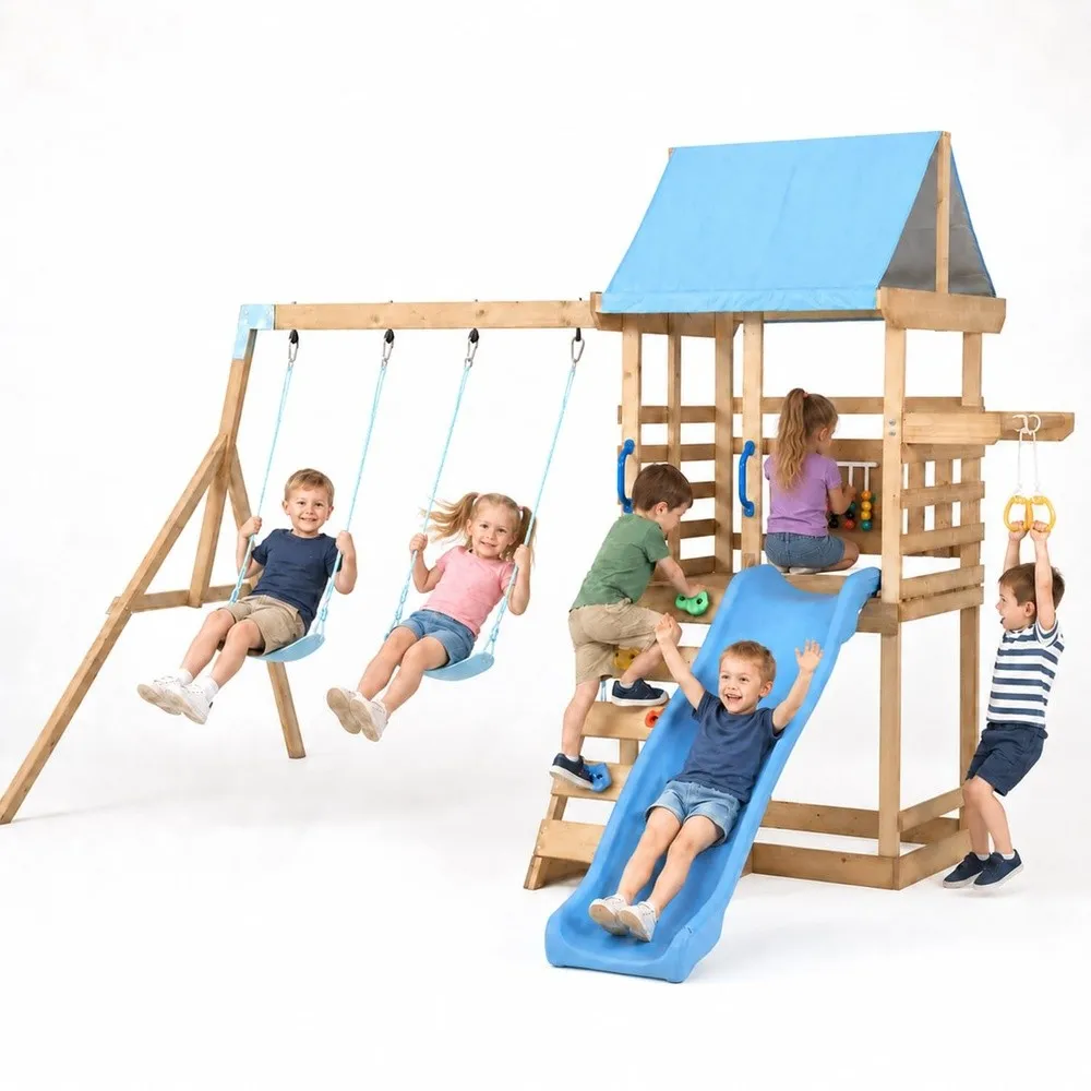 Wooden Swing Set for Backyard Kids Outdoor Playset with 2 Belt Swings Wave Slide Play Deck Rock Wall Ladder & Pull Up