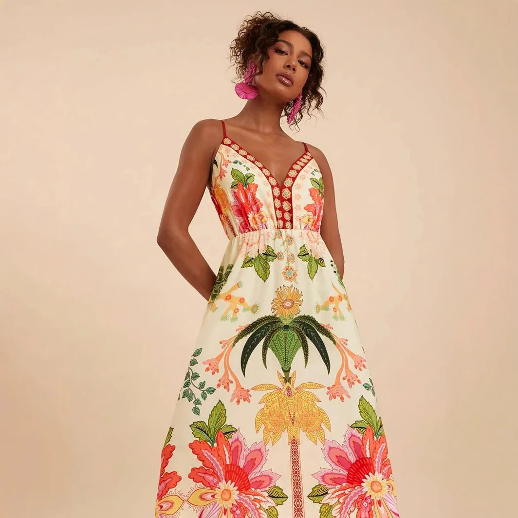 Damenkleid, schulterfrei, V-Ausschnitt, Blumendruck, lang, elegant, A-Linie, Abendkleid, Spaghettiträger, Boho, Urlaub, Strand, Partykleid