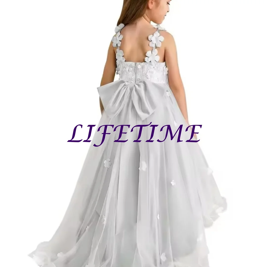 Abito da ragazza di fiori personalizzato personalizzato per matrimonio 2-14 bambini Abito da spettacolo principessa con cinturino per spaghetti alto e basso Applique 3D formale