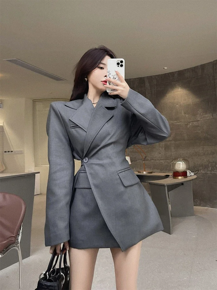 UNXX  Korea Chic Temperament Black Blazer Women Autumn 2022 New Loose Single Breasted Irregular Long Sleeve Suit Jacket Coats