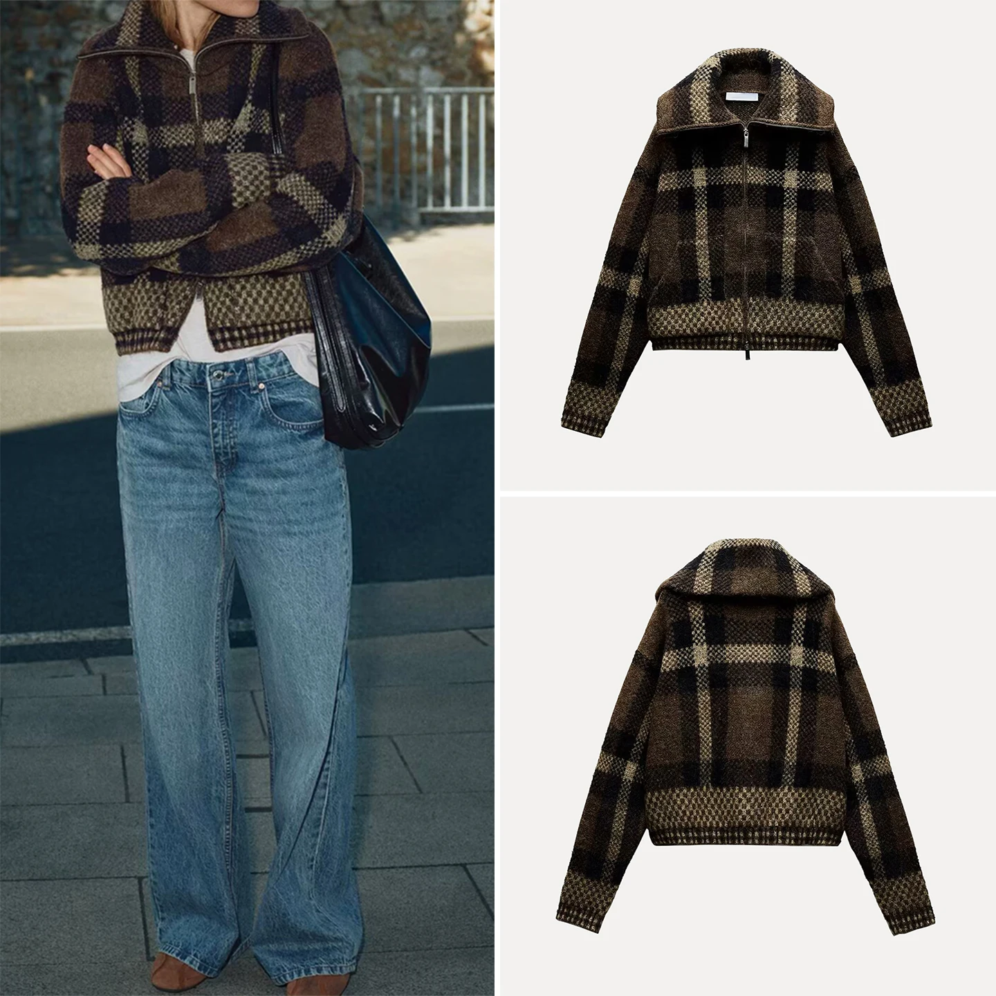 Z 2025 New Faion Personali tejido a cuadros piloto Jaet mujer ort prendas de vestir exteriores ajuste suelto largo Sve cierre de cremallera