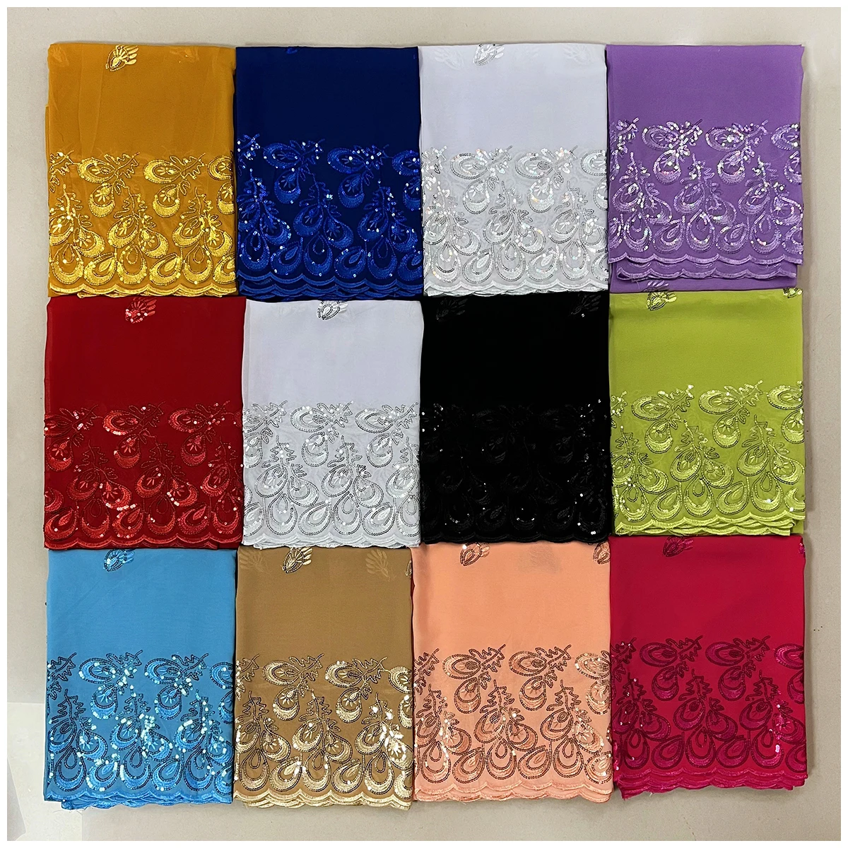 Wholesale Chiffon Fabric Sequin Embroidered Hijab Muslim Women's Scarves African Women's Headscarves Arabic Foulard Dubai Scarf