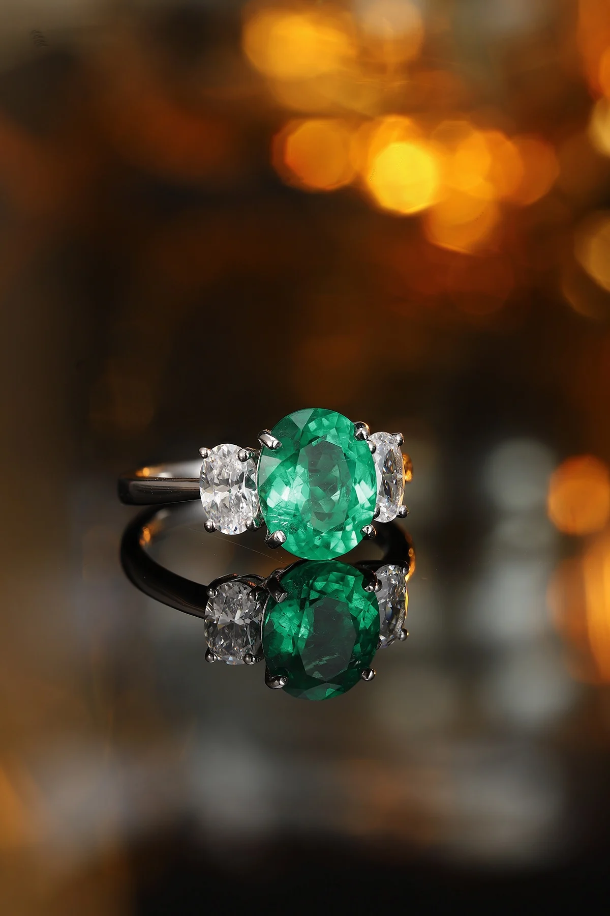 Vintage 3 Stone Ring Lab Grown Emerald Engagement Ring Rhodium Plated 925 Silver for Women Gift Party Wedding Personalized Rings