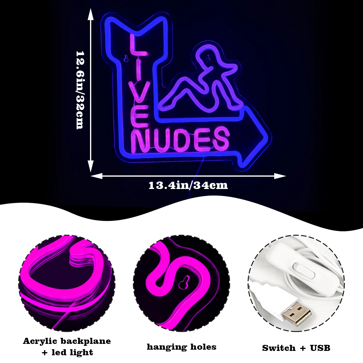 Imagem -04 - Neon Sign Live Nudes Roxo Luz Wall Decor Regulável Alimentado por Usb Homem Caverna Cerveja Pub Bar Hotel Festa