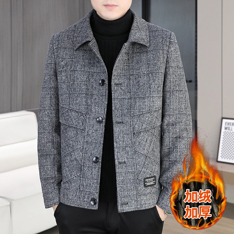 

Корейская модная шерстяная куртка для мужчин, зимняя толстая и теплая клетчатая повседневная шерстяная куртка, универсальное деловое социальное пальто