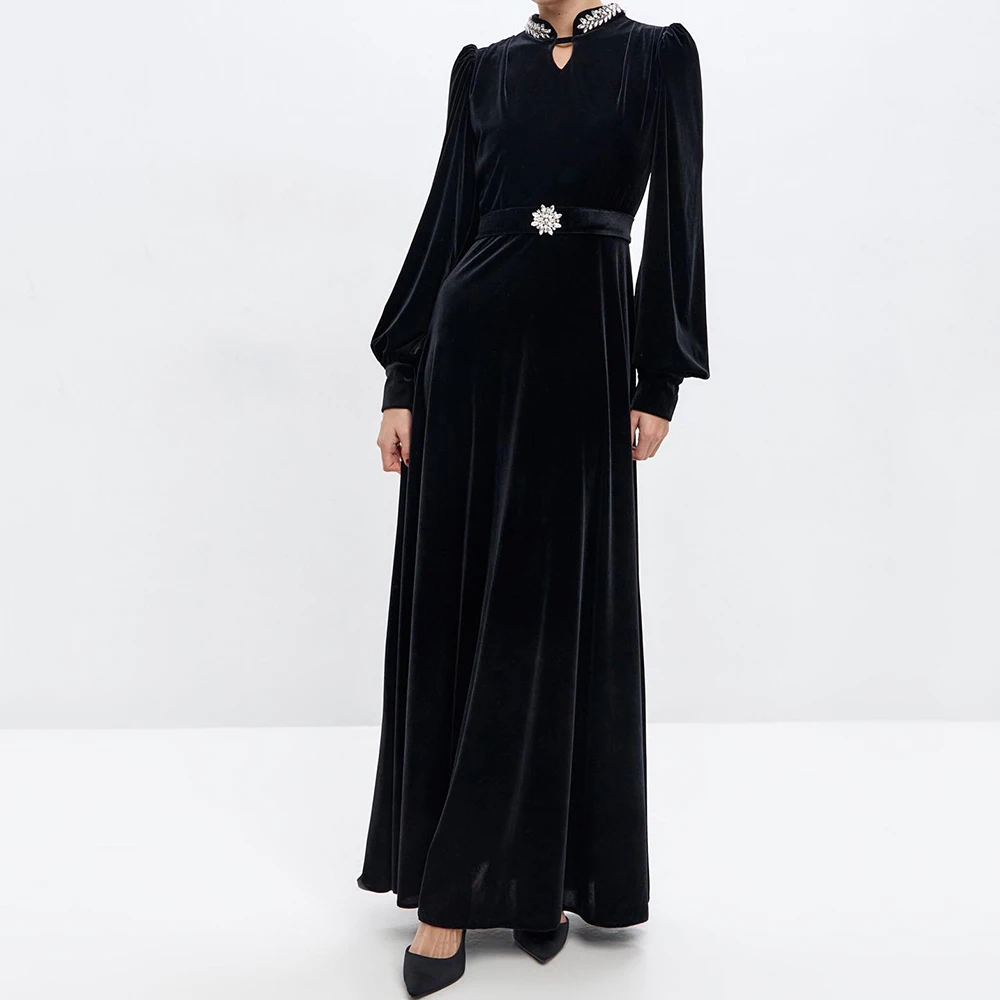 

Customized A-line Evening Dresses Ankle-length High-neck Full Sleeve Prom Gown Fsahion Crystla Sashes Simple Draped Party Gown