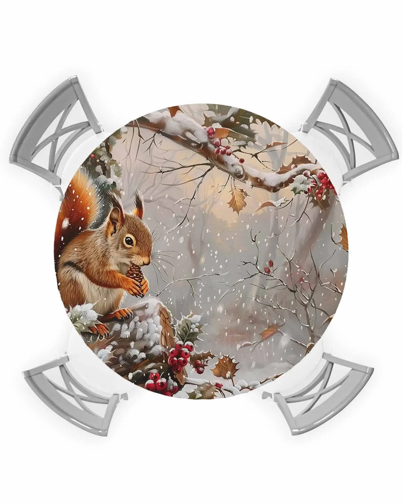 Christmas Winter Squirrels Round Elastic Edged Table Cover Protector Cloth Waterproof Fitted Tablecloth