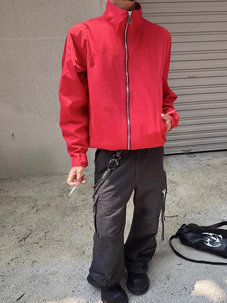 سترة رجالية حمراء بياقة عالية، خفيفة للخريف، مقاومة للماء، من الصوف الناعم، بأسلوب عصري، مقاس قياسي، إغلاق بسحاب