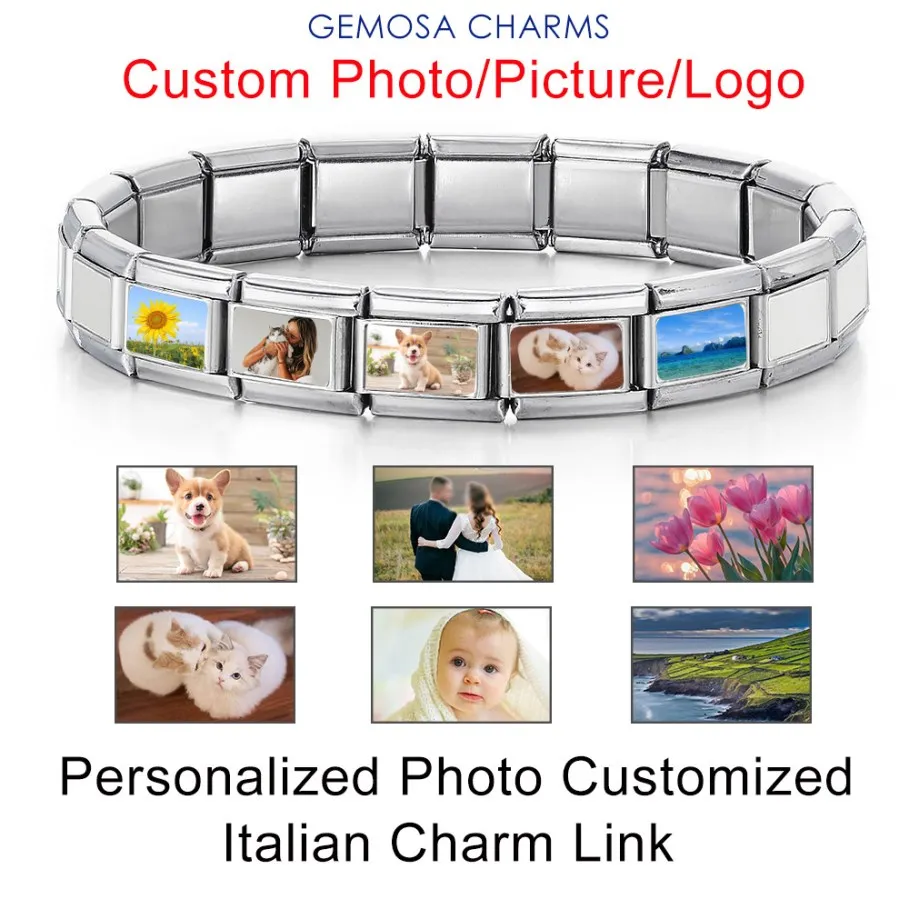 GEMOSA 1pc Personalization Bulk Customized Picture Photo Italian Charm Link Fit 9mm Stainless Steel Bracelet DIY Beads Jewelry