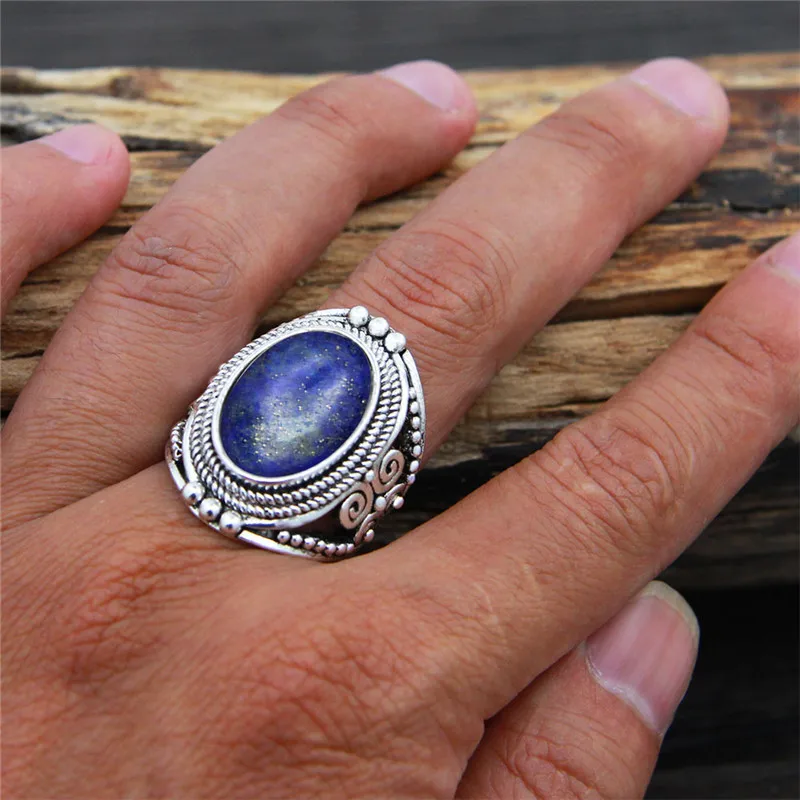 Oval Lapis Lazuli Rings For Women Natural Stone Flower Rings Vintage Antique Silver Plated Fashion Jewelry TR622