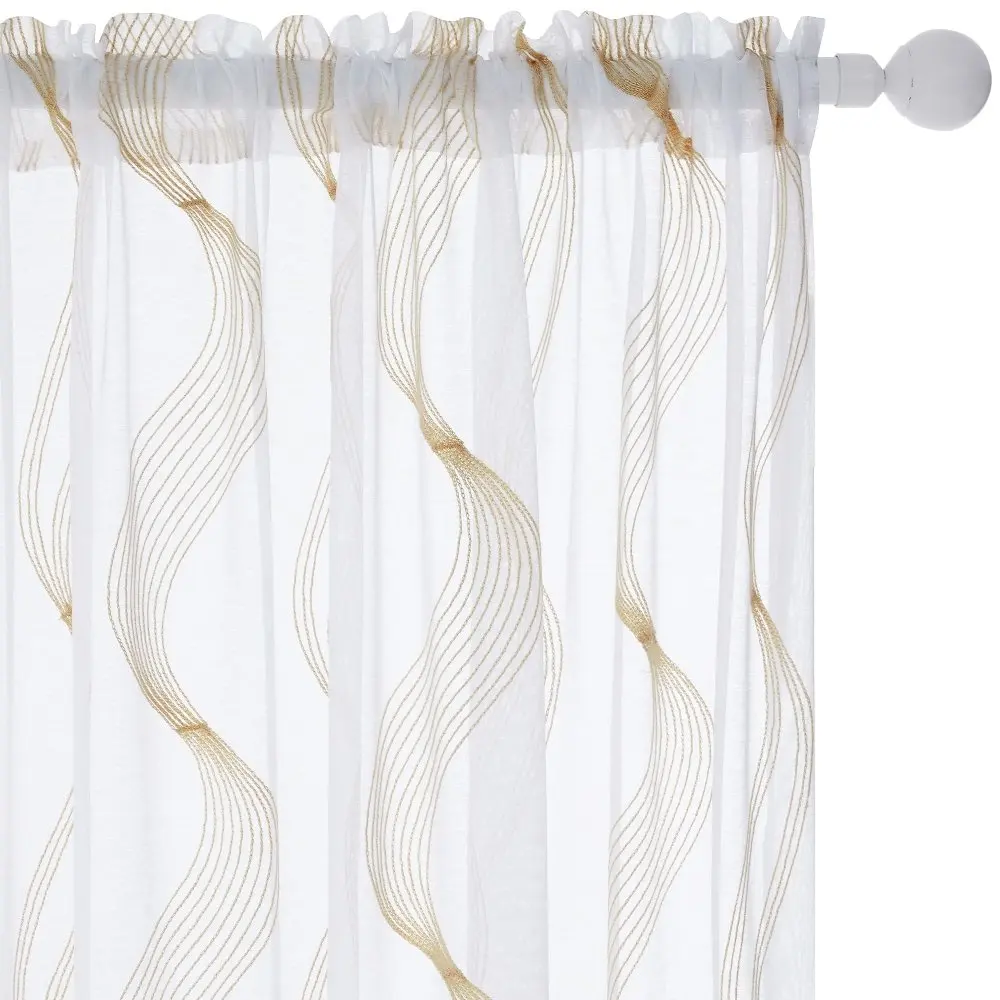 52 in. x 96 in. Beige Elegantly Embroidered Striped Rod-Pocket Sheer Curtains (2 Panels)