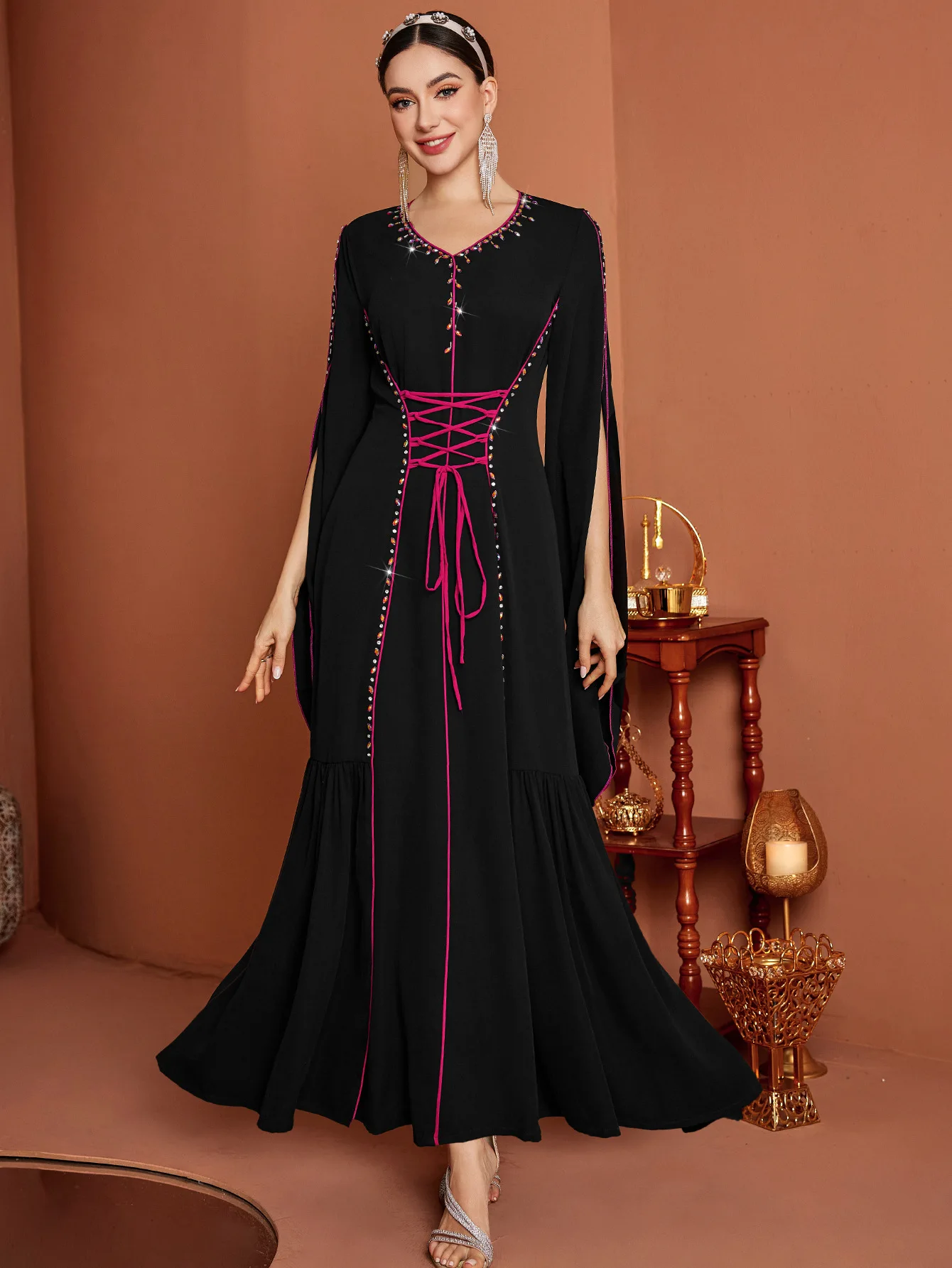 

Eid Muslim dress women Abaya diamond bandage Long Dresses Vestidos Largos Party caftan Jalabiya Ramadan dubai Arab Robe 2025