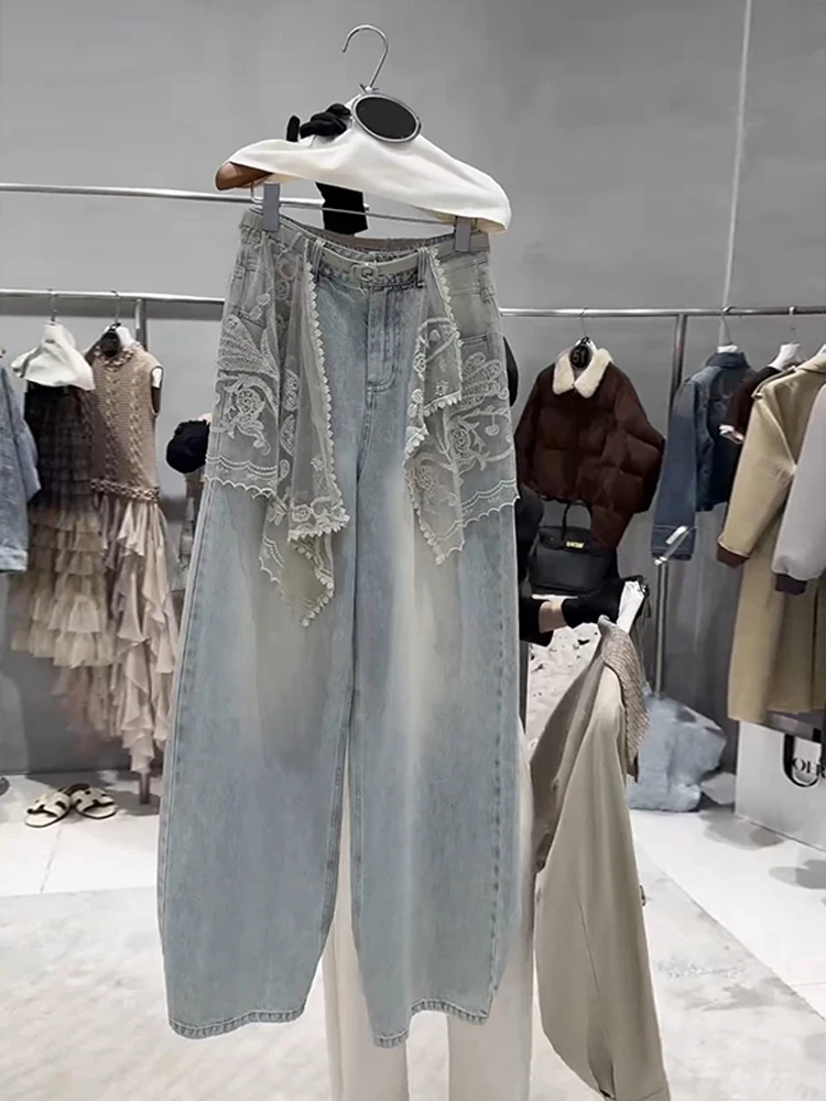 Retro Korean Lace Panel Wide Leg Jeans Women's Spring Autumn New Design Fashionable Straight Tube Pants Casual High Waist But...