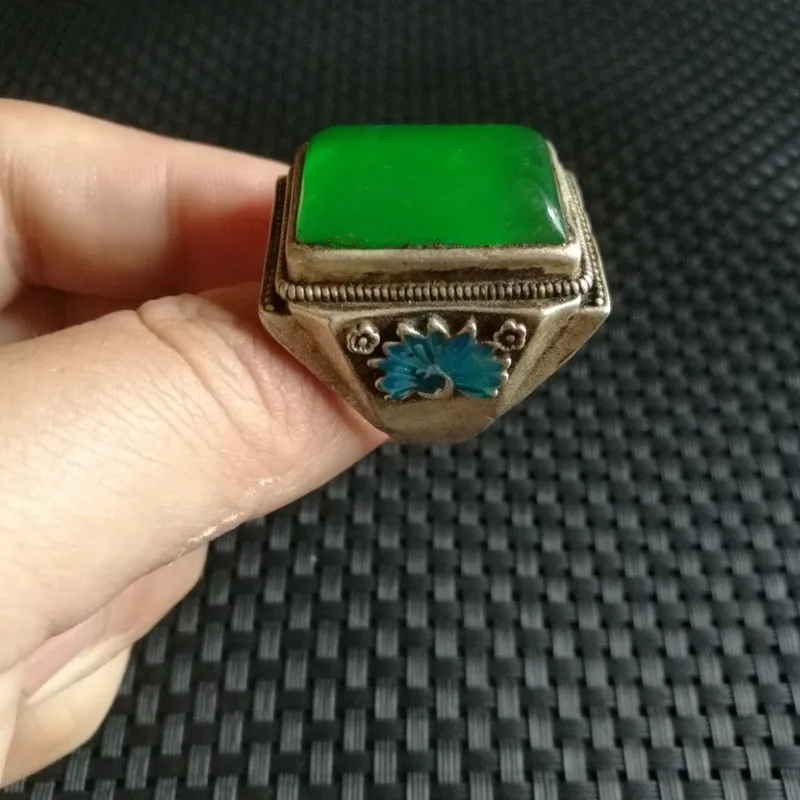 Antique Jadeite Jade With Old Inlay And Pattern, Open , Silver Men'S Ring