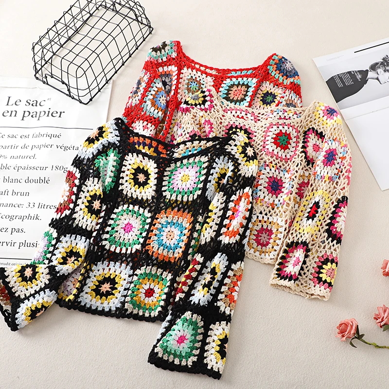 

Retro Hooked Floral Hollow Short Sleeve Long Knitted Sweater Women's Bohemian Style Sun Protection Coat Outerwear Kn...
