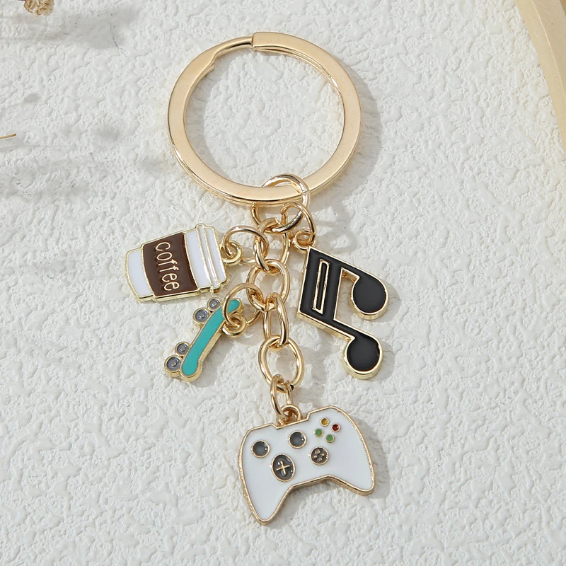 Cute Enamel Key Chains Cartoon Coffee Skate Game Machine Musical Note Keyrings For Women Men Friendship Gift Handmade Jewelry