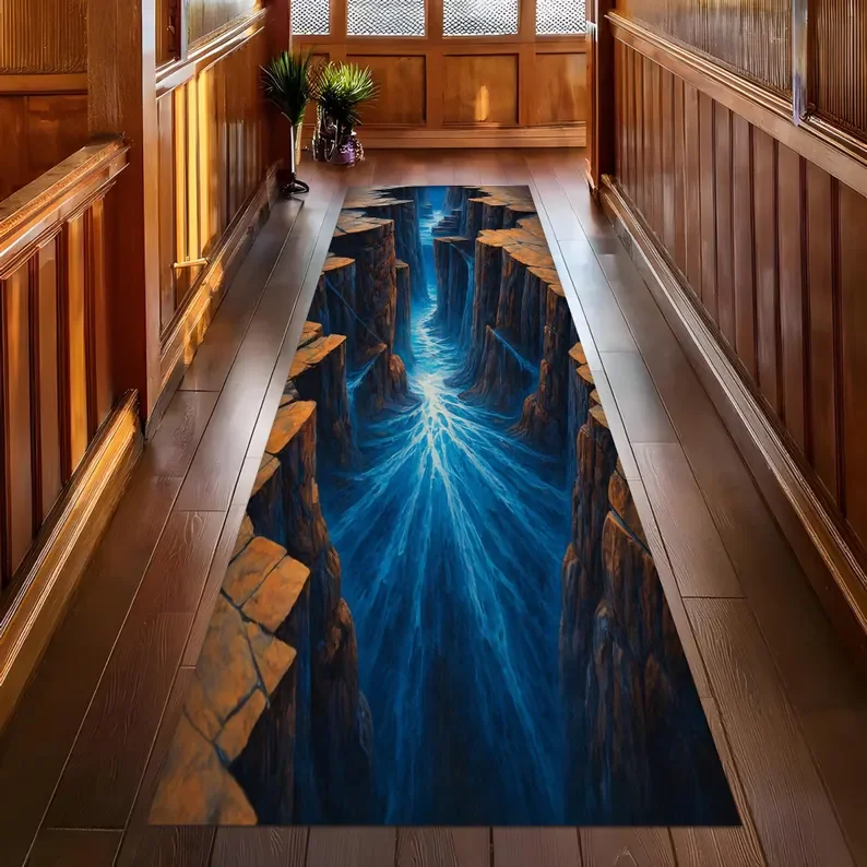 3D Blue Canyon River Hallway Runner Rug - Realistic Landscape Illusion Floormat Ideal for Corridor Decor