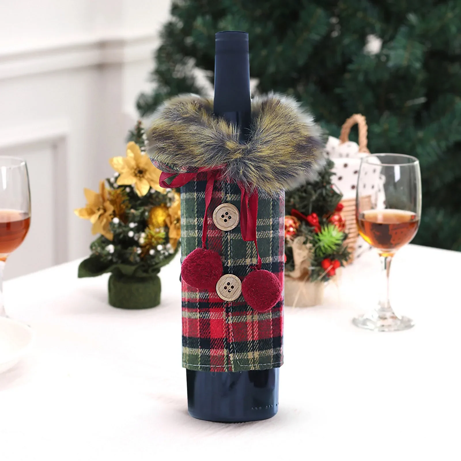 1PC Plush Wine Bottle Cover Christmas Wine Bottle Cover Collar Button Champagne Bottle Coat New Year Dinner Table Decor Navidad