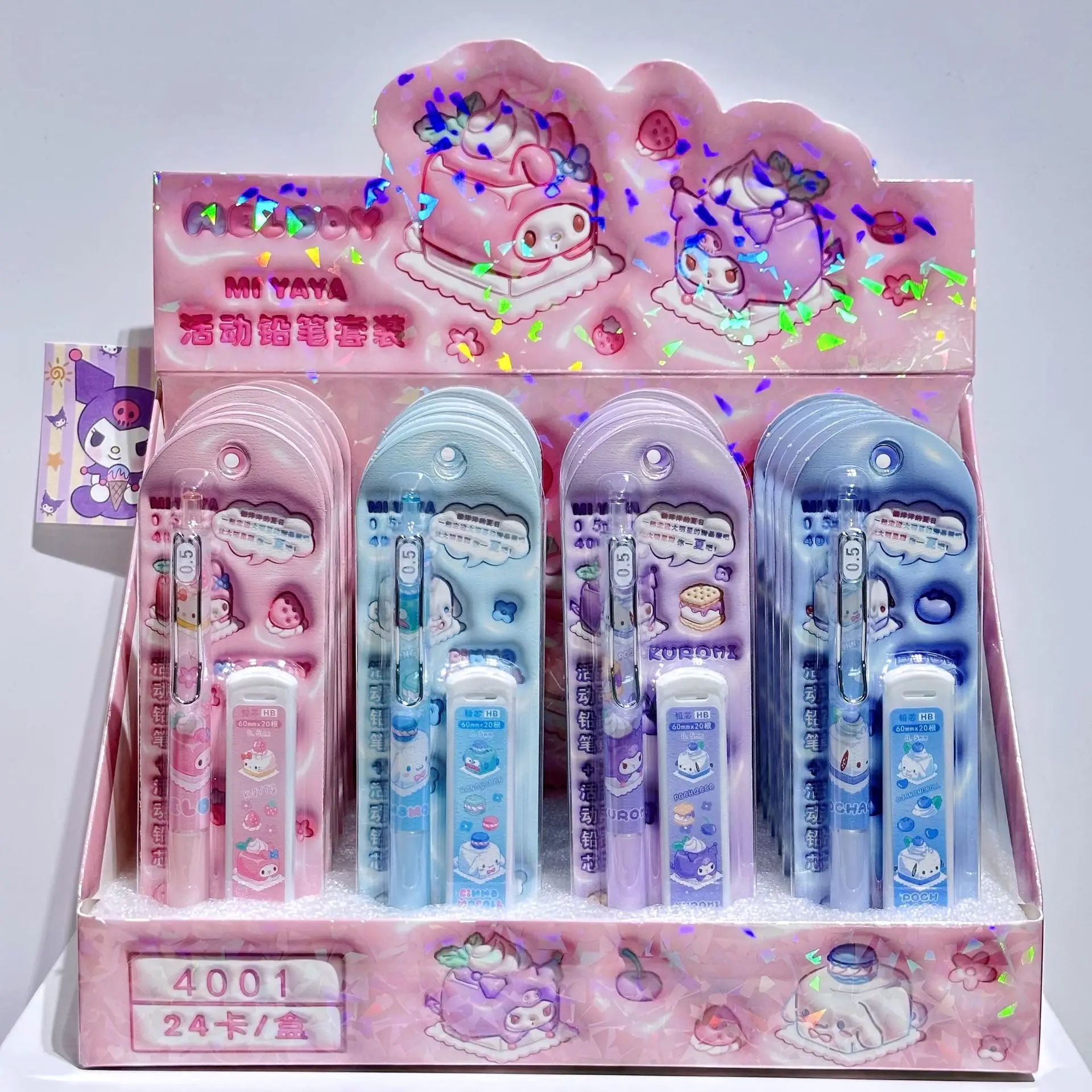 24pcs Cute Sanrio Stationery Mechanical Pencils Melody Kuromi Hello Kitty Sketch Writing 0.5mm Hb Pencil Whole Box Wholesale