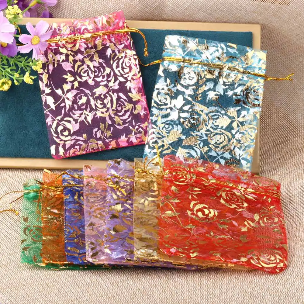 50szt/lot Organza Drawstring Bag Colorful Hot Gold Color Rose Print Gifts Pouches Wedding Christmas Party Candy Jewelry Packing