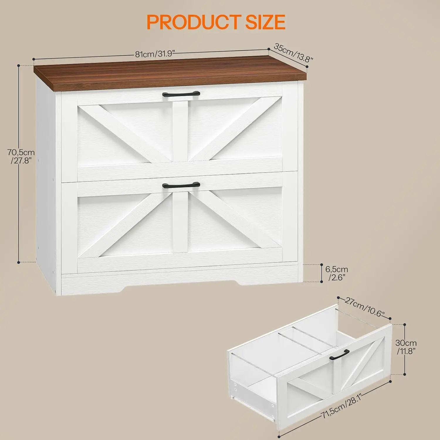 2 Drawer Lateral File Cabinet for Letter/A4/Legal Size, Large Wooden Office Storage & Printer Stand, White & Walnut, Customized