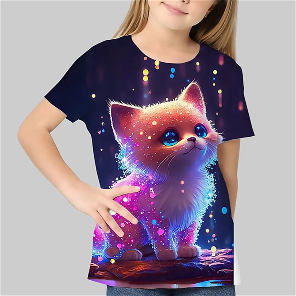 Girl Clothes Girl T-Shirt Short Sleeve 3D Cat Print Kids Summer Clothes Fashion Casual Round Neck Boy Tops Children's Clothing