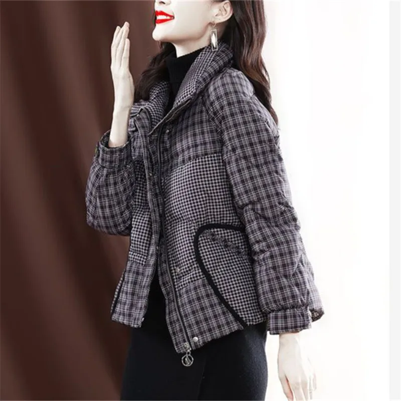 

New Down Cotton Coat Women Winter Parkas Korean Thick Loose Warm Casual Splice Plaid Short Padded Jacket Female Outerwear H3281