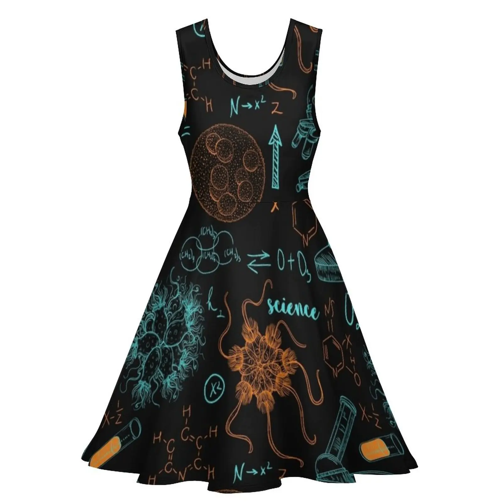 Vintage seamless pattern old chemistry laboratory with microscope, tubes, formulas, microbes and viruses. Sleeveless Dress