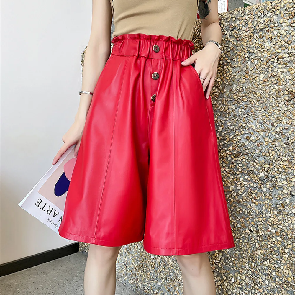 Autumn New Designer Women's High Quality Elastic Waist Genuine Leather Pants A788