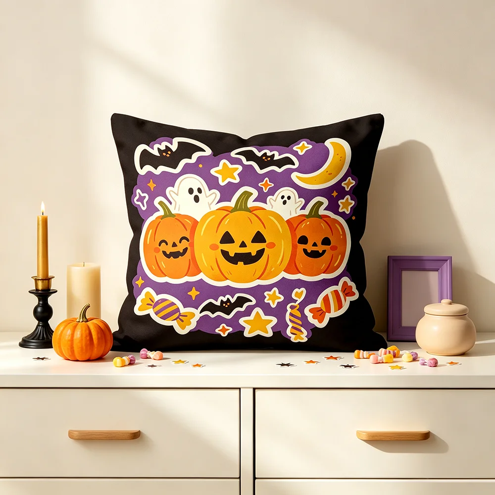 1PC Digital Print Pillow Cover Cute Pumpkin Ghost Bat Moon Candy Halloween Cartoon Kids Sofa Couch Bedroom Home Decor Gift