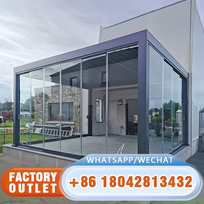 Customized Pergola with glass door Aluminium Outdoor summerhouses Enclosed Stand Sunroom House Metal Gazebo pavilion for sale