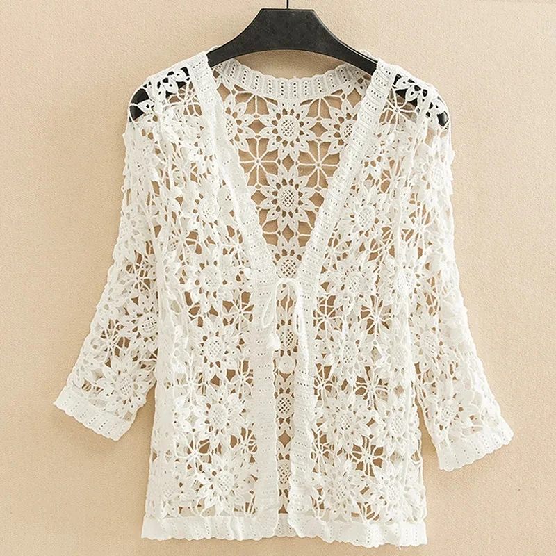 Women jacket spring and Summer Thin Cardigan Women Crocheted Openwork Sweater Small Coat With Sweater Sunscreen Short Shawl Coat