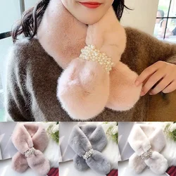 Faux Fur Plush Pearl Scarf para mulheres, Cross Stereo, grosso, quente, inverno, novo