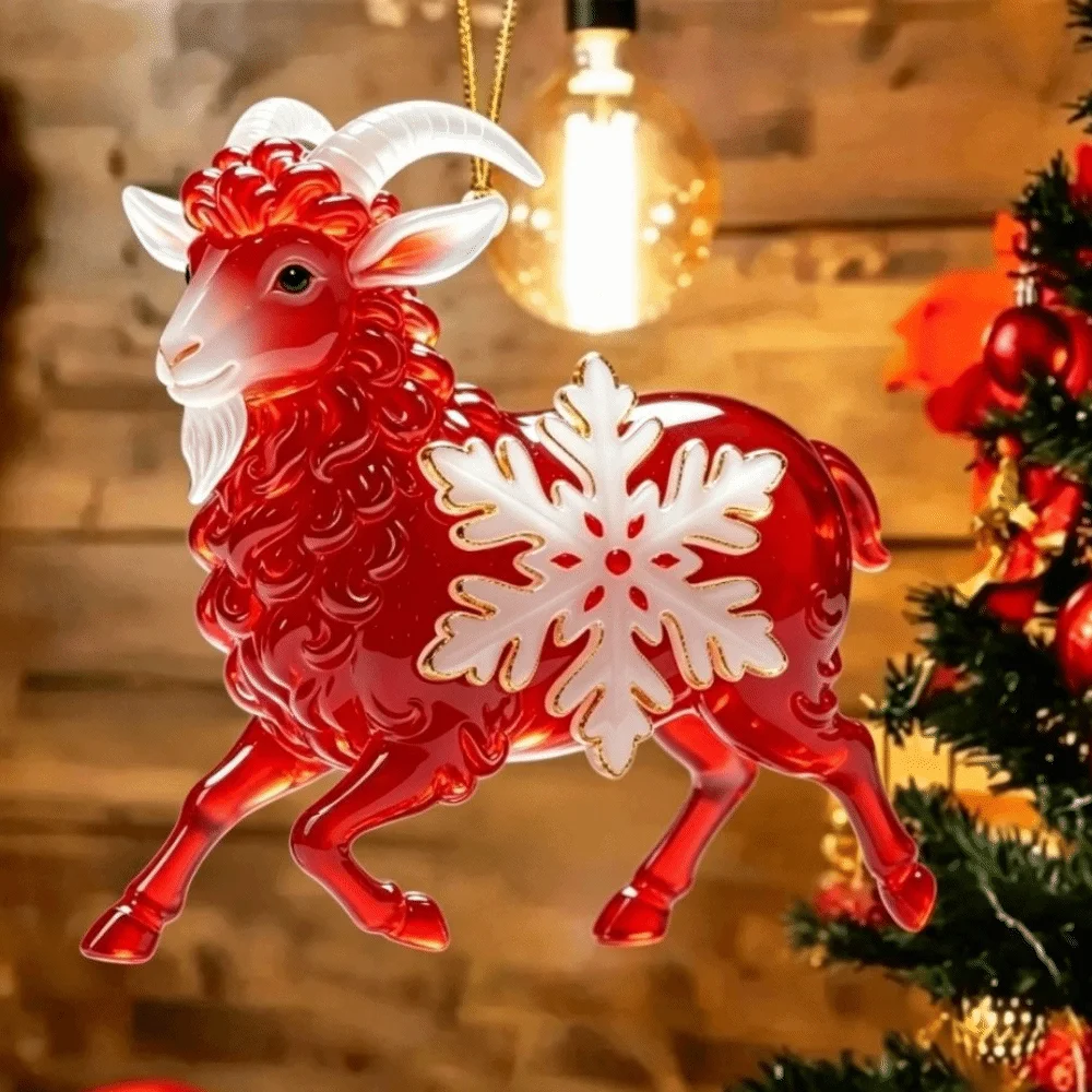 Acryl-Ziegen-Hängeornament mit Schneeflocke, Buntes Ziegen-Autoornament, Goldene Hängekordel, Ziegen-Anhänger, Feiertagsdekoration – Detail 9
