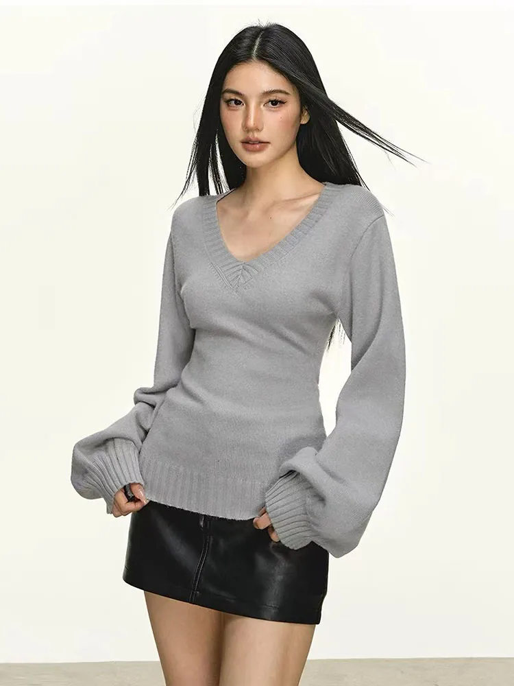 Sexy V Neck Knit Sweater for Women Y2K Korean Chic Lantern Sleeve Knitted Pullover American Streetwear All Match Jumper New