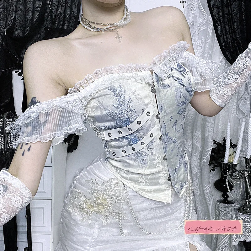 Otoño Invierno Y2K bordado multifuncional falda con abertura alta gótico Sexy chica caliente chaleco subcultura fuera del hombro bloque de Color Top