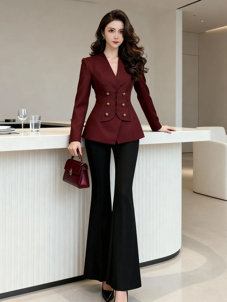

Модный женский приталенный двубортный блейзер с V-образным вырезом, деловой пиджак для торжественных случаев, верхняя одежда для женщин, уличная одежда