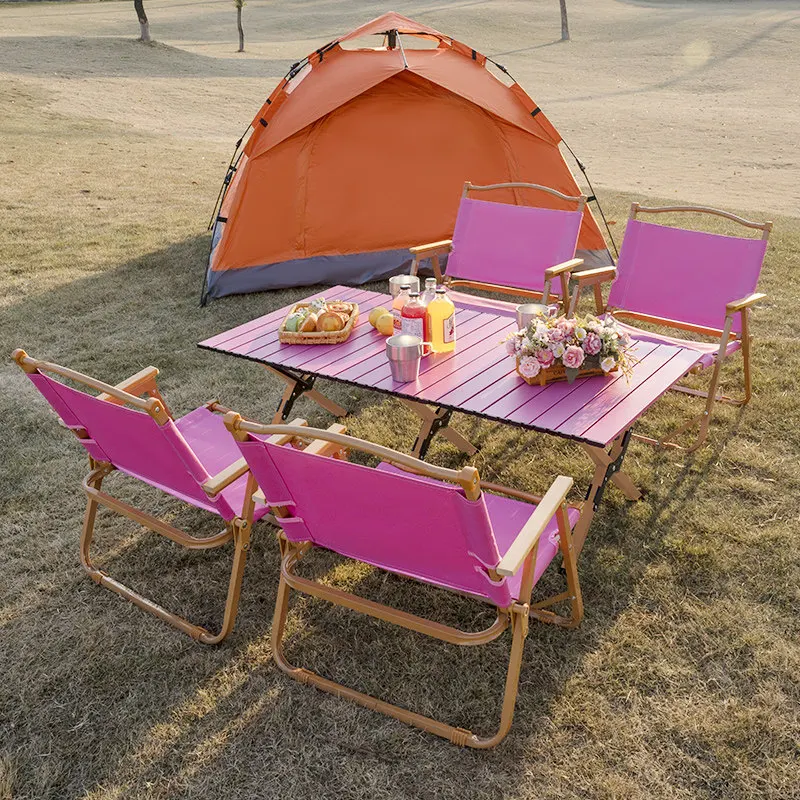 & Portable Folding Egg Roll Table & 4 Chairs Set Outdoor Camping Picnic Furniture for Patio Backyard Party