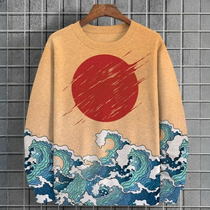 Men‘s Sweatshirts 3d Print Vintag Ukiyo-E Sea Wave Hoodies Pullover Autumn T-Shirt Oversized Sweatshirt Long Sleeve Men Clothes