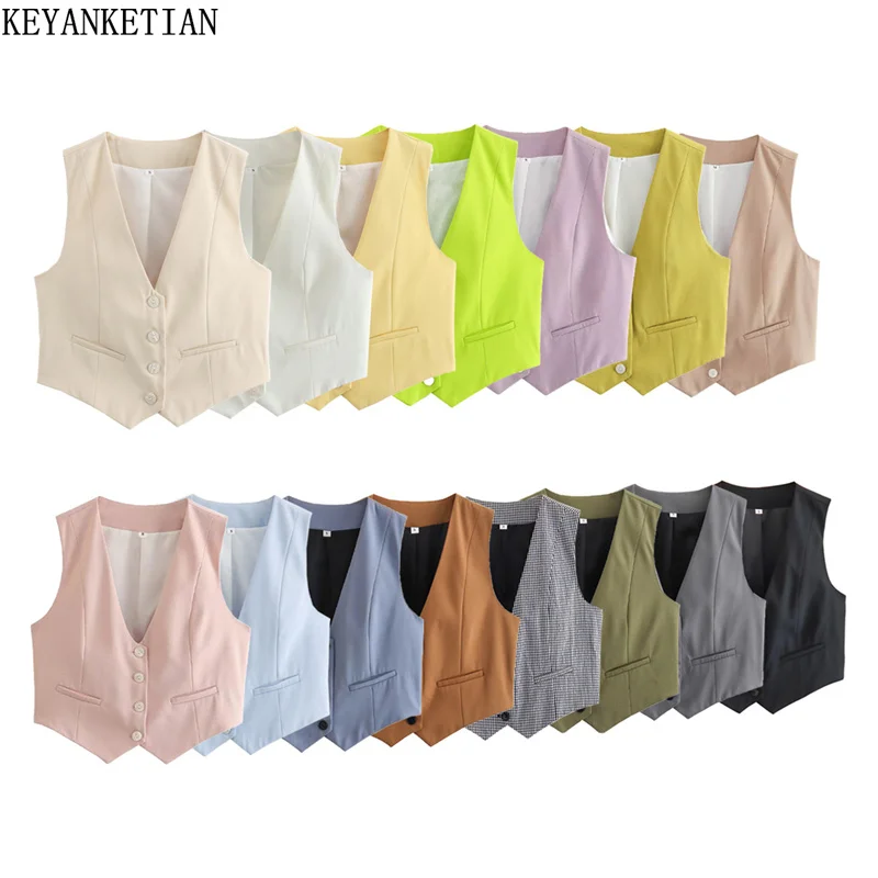 Keyanketian เสื้อกั๊กคอวีสำหรับผู้หญิง, ใหม่เสื้อกั๊กสั้นสำหรับใส่ไปทำงานเสื้อครอปแขนกุดกระดุมแถวเดียวเสื้อครอปท็อปแบบบาง2024