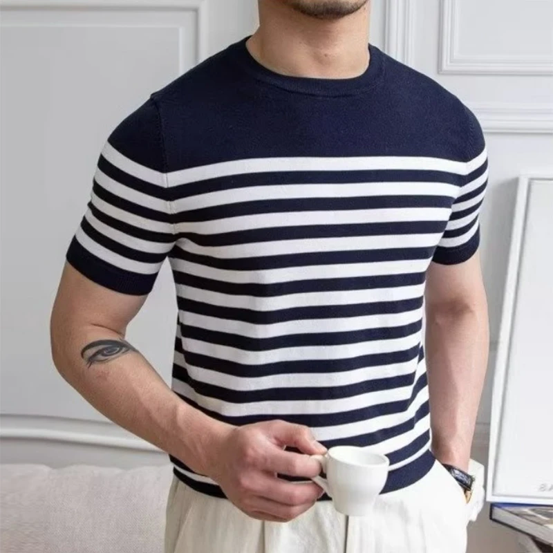 Trendy Striped Crochet Mens T-shirts 2025 Spring Summer New Casual Short Sleeve Knit T Shirt Vintage Crew Neck Men Pullover Top