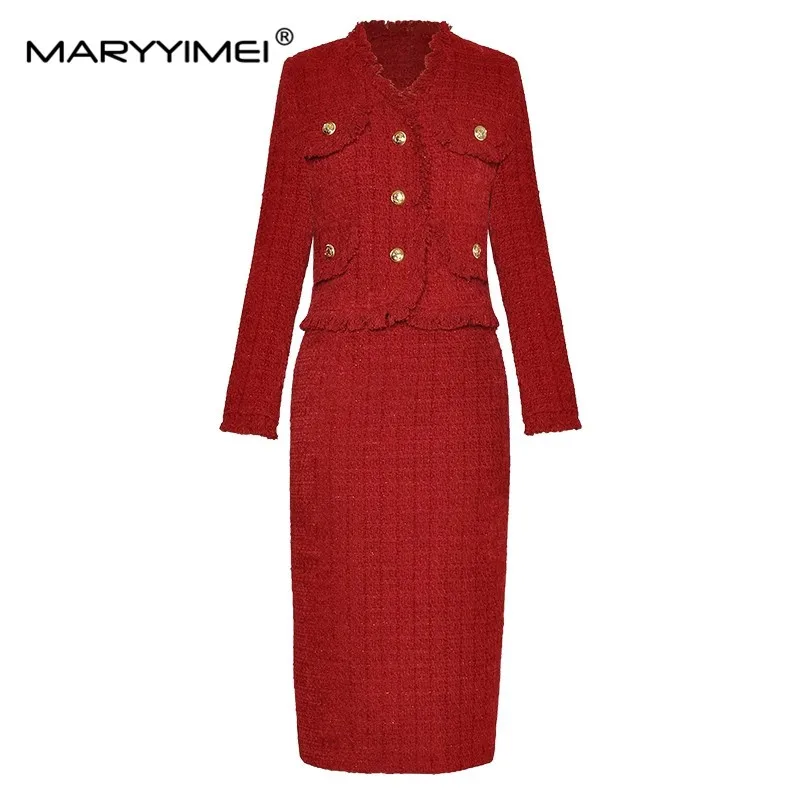 MARYYIMEI Fashion Spring Autumn Women\'s Suit Long sleeved V-neck Short coat+Package hip Half skirt Tassels tweed Two-Piece Set