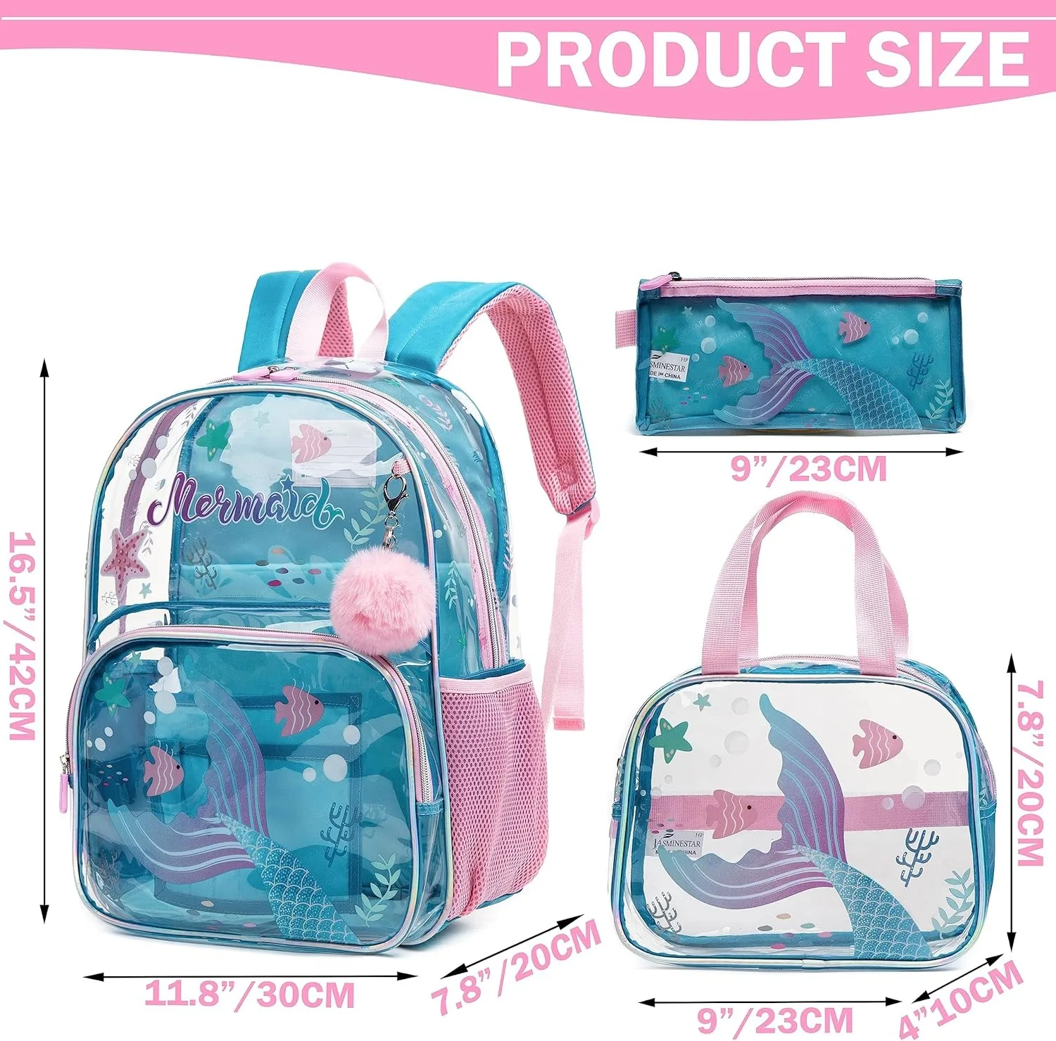 16inch Clear Backpack for Kids Heavy Duty PVC Transparent Backpacks Set See Through School Bag for Girls Boys Elementary Mochila