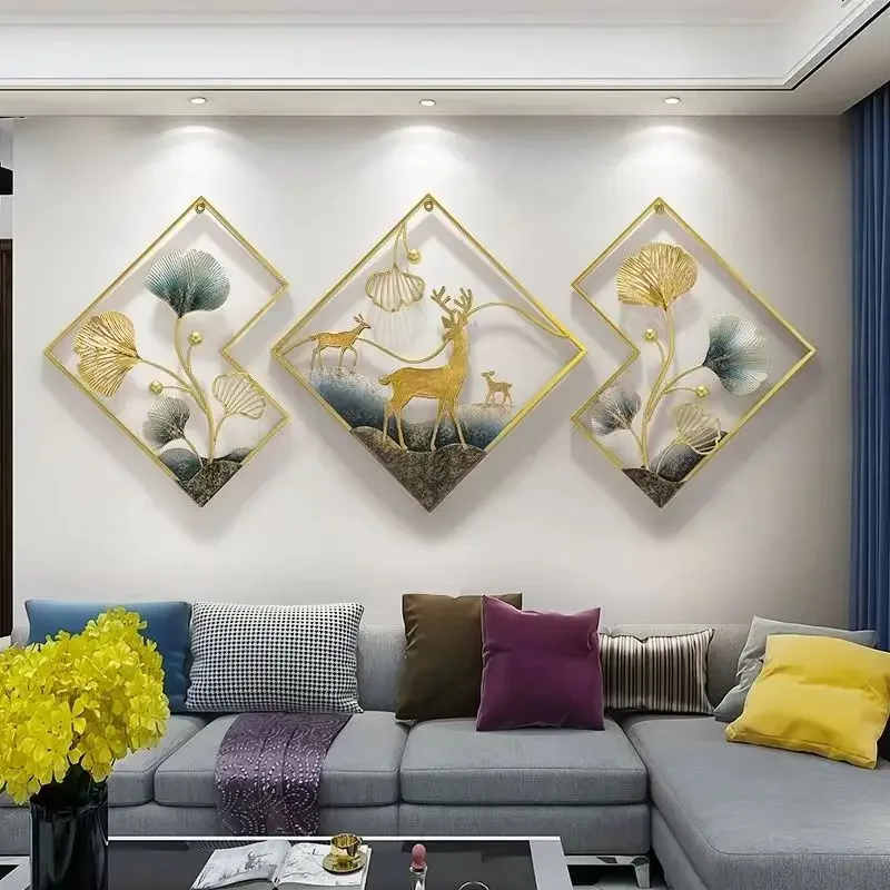 Modern simple wrought iron metal wall hanging three-dimensional triptych combination wall hanging cross-border decoration ginkgo