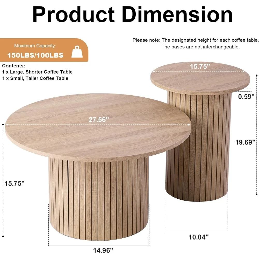 Round Nesting Coffee Tables Set of 2 -φ27.6 Large Short + φ15.8 Small Tall Boho Circle Side Tables with Fluted Drum Design, Natu
