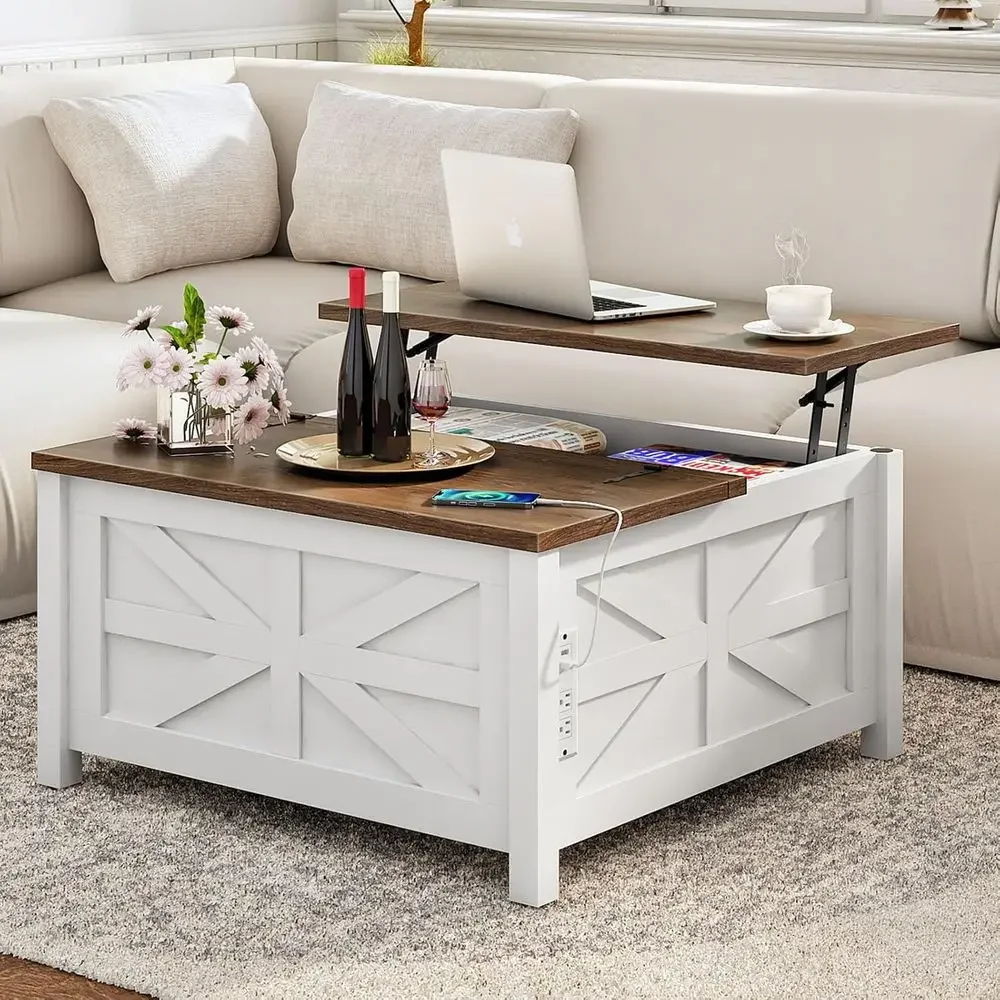 

31.5 Large Top Coffee Table with Charging Station, Storage, 2 AC Outlets, 2 USB Ports, White & Walnut