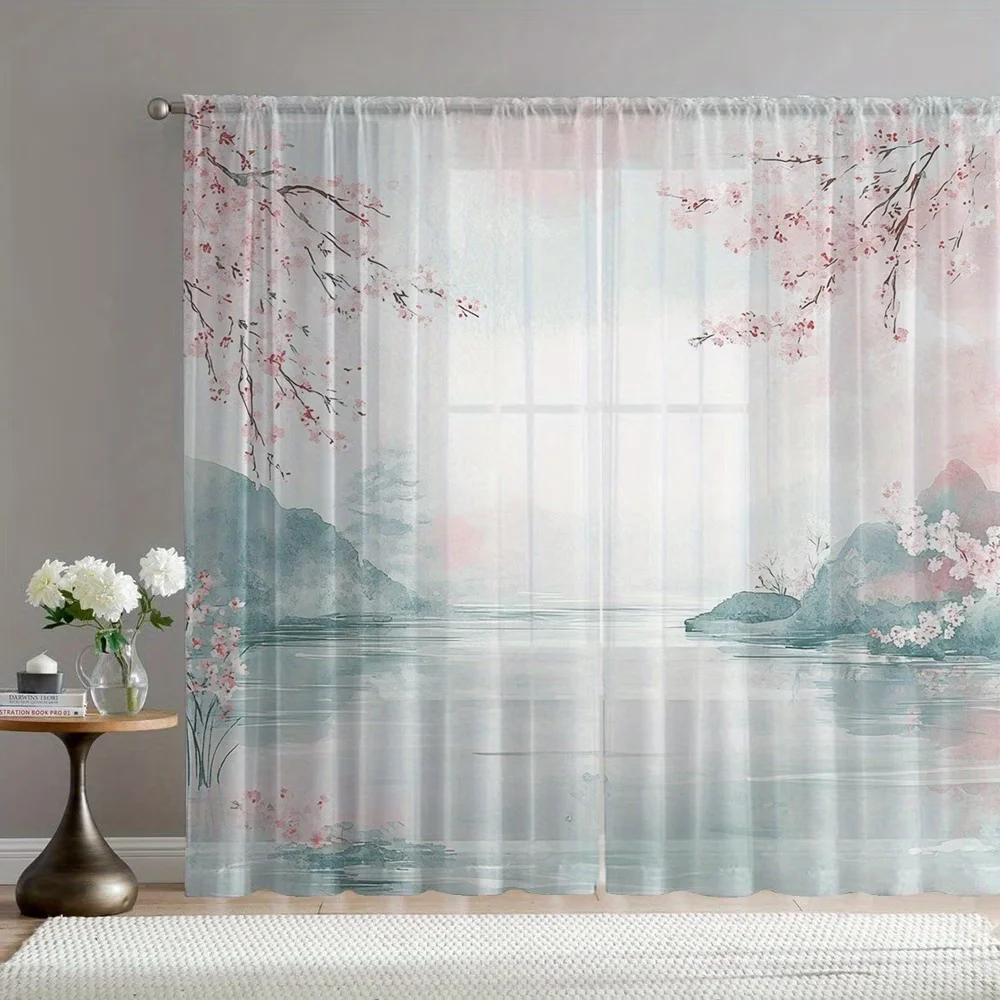 2PCS Digital Printing Sheer Curtain, Snowflakes Winter Blue White Pattern, Christmas Holiday Frozen Seasonal Festive Decor